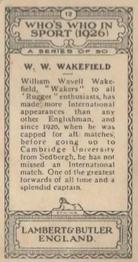 1926 Lambert & Butler Who’s Who in Sport #12 W.W. Wakefield Back