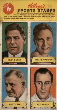 1937 Kellogg's Pep Sports Stamps - Unseparated Panels #4 Olin Dutra / Helene Madison / Andy Kerr / Bill Tilden Front