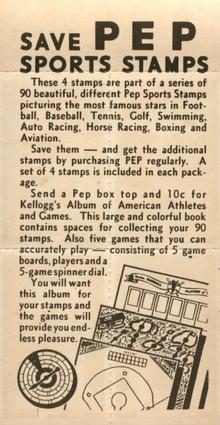 1937 Kellogg's Pep Sports Stamps - Unseparated Panels #8 Arky Vaughan / Denny Shute / Lou Little / Tommy Milton Back