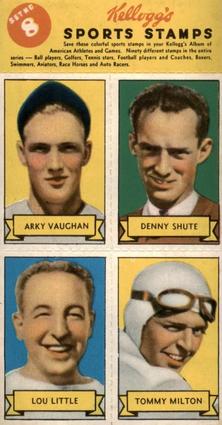 1937 Kellogg's Pep Sports Stamps - Unseparated Panels #8 Arky Vaughan / Denny Shute / Lou Little / Tommy Milton Front