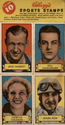 1937 Kellogg's Pep Sports Stamps - Unseparated Panels #10 Bill Shakespeare / Jack Sharkey / Georgia Coleman / Mauri Rose Front