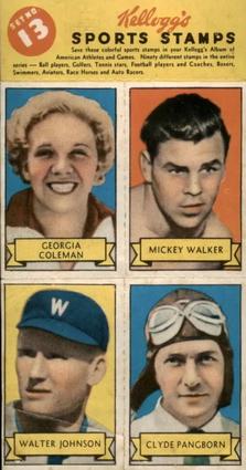 1937 Kellogg's Pep Sports Stamps - Unseparated Panels #13 Georgia Coleman / Mickey Walker / Walter Johnson / Clyde Pangborn Front