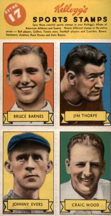 1937 Kellogg's Pep Sports Stamps - Unseparated Panels #17 Bruce Barnes / Jim Thorpe / Johnny Evers / Craig Wood Front