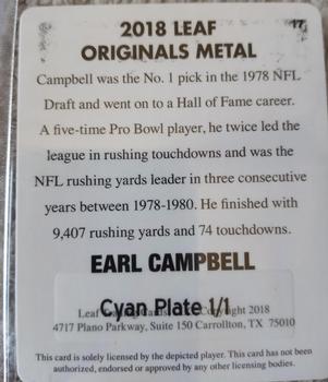 2018 Leaf Originals Metal - Printing Plates Cyan #17 Earl Campbell Back