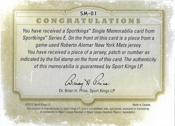 2012 Sportkings Series E - Single Memorabilia Patch Silver #SM-01 Roberto Alomar Back