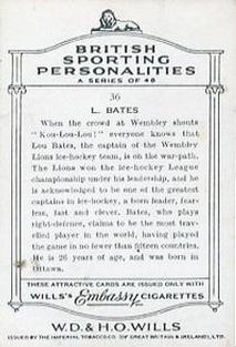 1937 Wills's British Sporting Personalities #36 Lou Bates Back