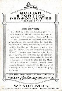 1937 Wills's British Sporting Personalities #37 Joe Beaton Back