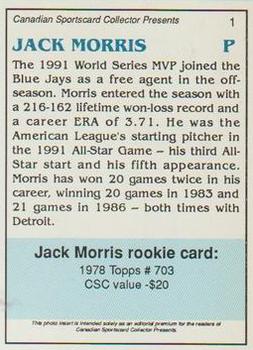 1992 Canadian Sportscard Collector #1 Jack Morris Back