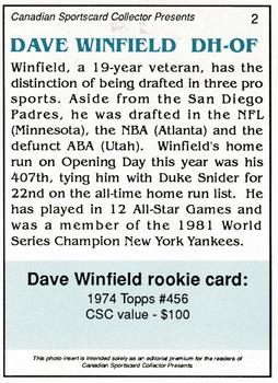 1992 Canadian Sportscard Collector #2 Dave Winfield Back