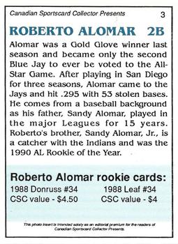 1992 Canadian Sportscard Collector #3 Roberto Alomar Back
