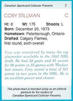 1992 Canadian Sportscard Collector #7 Cory Stillman Back