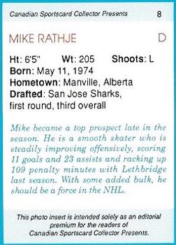 1992 Canadian Sportscard Collector #8 Mike Rathje Back