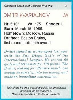 1992 Canadian Sportscard Collector #9 Dmitri Kvartalnov Back