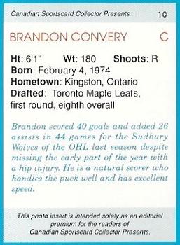1992 Canadian Sportscard Collector #10 Brandon Convery Back
