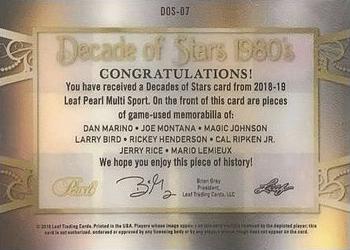 2018-19 Leaf Pearl - Decade of Stars 8 Relics - Red #DOS-07 Dan Marino / Joe Montana / Magic Johnson / Larry Bird / Rickey Henderson / Cal Ripken Jr. / Jerry Rice / Mario Lemieux Back