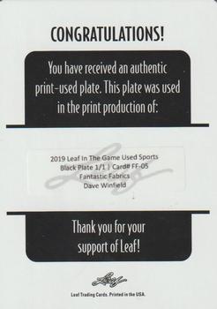 2019 Leaf In the Game Used - Fantastic Fabrics 8 Relics Printing Plates Black #FF-05 Dave Winfield Back