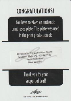 2019 Leaf In the Game Used - Fantastic Fabrics 8 Relics Printing Plates Magenta #FF-05 Dave Winfield Back