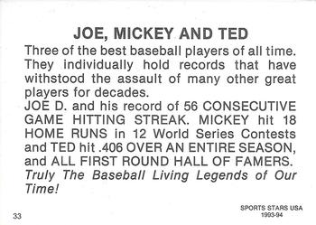 1993-94 Sports Stars USA (unlicensed) #NNO Joe DiMaggio / Mickey Mantle / Ted Williams Back
