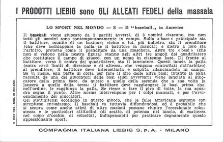 1951 Liebig Lo Sport Nel Mondo (Sports of the World) (Italian Text) (F1529, S1520) #3 Il baseball in America Back