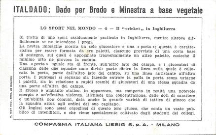 1951 Liebig Lo Sport Nel Mondo (Sports of the World) (Italian Text) (F1529, S1520) #4 Il cricket in Inghilterra Back