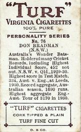 1933 Carreras Turf Personality Series #76 Don Bradman Back