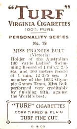 1933 Carreras Turf Personality Series #78 Frances Bult Back