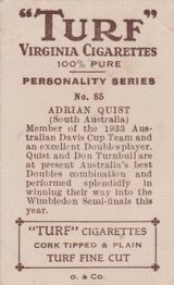 1933 Carreras Turf Personality Series #85 Adrian Quist Back