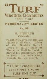 1933 Carreras Turf Personality Series #92 Walter Lindrum Back