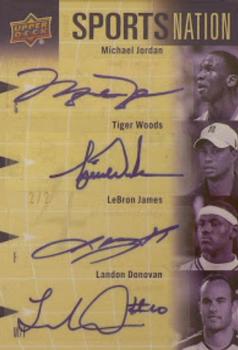 2011 Upper Deck World of Sports - Quad Autographs #SN-JWJD Landon Donovan / LeBron James / Michael Jordan / Tiger Woods Front