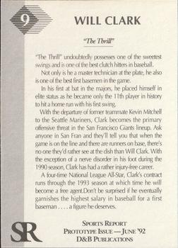 1992 D&B Publications The Sports Report - The Investor's Journal: The Sports Report Gold #9 Will Clark Back
