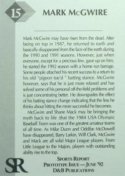 1992 D&B Publications The Sports Report - The Investor's Journal: The Sports Report Silver #15 Mark McGwire Back