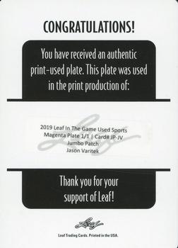 2019 Leaf In the Game Used - Jumbo Patch Relics Printing Plates Magenta #JP-JV Jason Varitek Back
