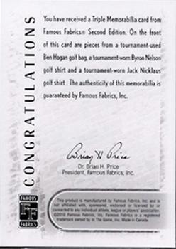 2010 Famous Fabrics Second Edition - Triple Memorabilia #NNO Ben Hogan / Byron Nelson / Jack Nicklaus Back