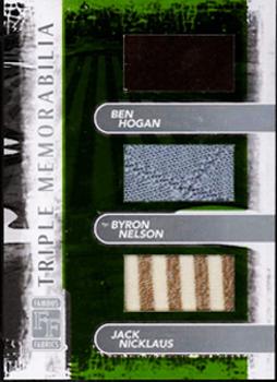 2010 Famous Fabrics Second Edition - Triple Memorabilia #NNO Ben Hogan / Byron Nelson / Jack Nicklaus Front