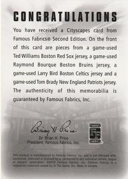 2010 Famous Fabrics Second Edition - City Scapes #NNO Ted Williams / Raymond Bourque / Larry Bird / Tom Brady Back