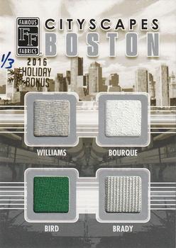 2010 Famous Fabrics Second Edition - City Scapes #NNO Ted Williams / Raymond Bourque / Larry Bird / Tom Brady Front