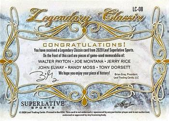 2020 Leaf Superlative Sports - Legendary Classix Relics Emerald #LC-08 Walter Payton / Joe Montana / Jerry Rice / John Elway / Randy Moss / Tony Dorsett Back