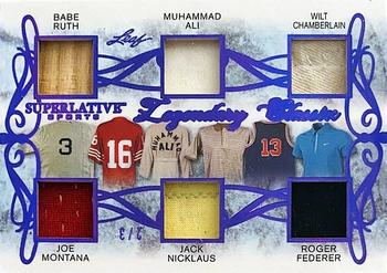 2020 Leaf Superlative Sports - Legendary Classix Relics Purple #LC-01 Babe Ruth / Joe Montana / Muhammad Ali / Jack Nicklaus / Wilt Chamberlain / Roger Federer Front