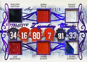2020 Leaf Superlative Sports - Legendary Classix Relics Purple #LC-08 Walter Payton / Joe Montana / Jerry Rice / John Elway / Randy Moss / Tony Dorsett Front