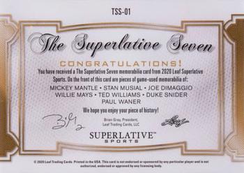 2020 Leaf Superlative Sports - The Superlative 7 Relics Emerald #TSS-01 Mickey Mantle / Stan Musial / Joe DiMaggio / Willie Mays / Ted Williams / Duke Snider / Paul Waner Back