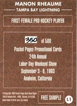 1992-94 Pocket Pages Cards - Show Free Samples #L1 Manon Rheaume Back