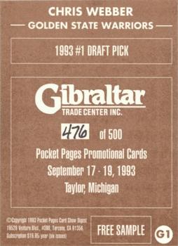 1992-94 Pocket Pages Cards #G1 Chris Webber Back