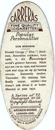 1935 Carreras Popular Personalities (Oval) #56 Don Bradman Back