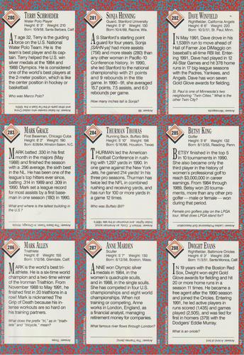1991 Sports Illustrated for Kids - Original 9-Card Sheets #280-288 Terry Schroeder / Sonja Henning / Dave Winfield / Mark Grace / Thurman Thomas / Betsy King / Mark Allen / Anne Marden / Dwight Evans Back