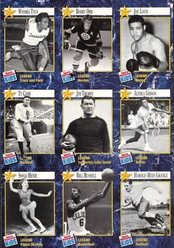 1991 Sports Illustrated for Kids - Original 9-Card Sheets #316-324 Joe Louis / Bobby Orr / Wyomia Tyus / Althea Gibson / Jim Thorpe / Ty Cobb / Red Grange / Bill Russell / Sonja Henie Front