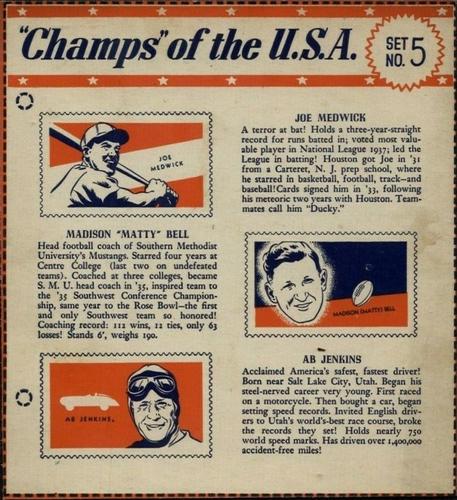 1940 Wheaties Champs of the USA #5 Joe Medwick / Matty Bell / Ab Jenkins Front