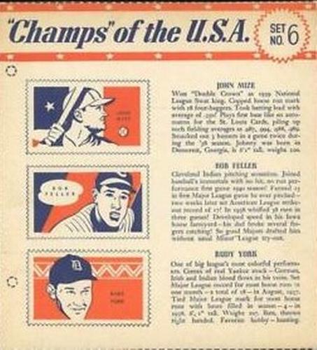1940 Wheaties Champs of the USA #6 Johnny Mize / Bob Feller / Rudy York Front