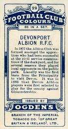 1906 Ogden's Football Club Colours #29 Devonport Albion RFC Back