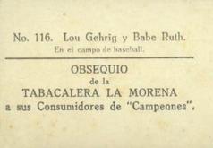 1928 Tabacalera La Morena #116 Babe Ruth / Lou Gehrig Back