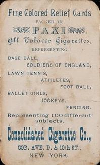 1888 Consolidated Cigarette/Paxi Cigarettes N352 #NNO Baseball player Back